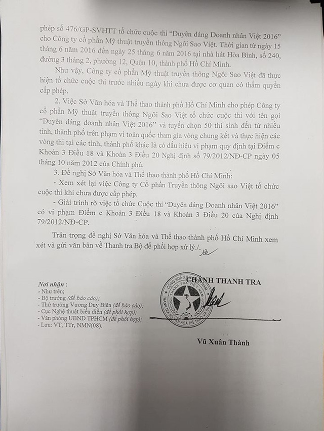 Công văn của Bộ VH-TT&DL đề nghị Sở VH-TT TPHCM xem xét lại cuộc thi Duyên dáng Doanh nhân Việt 2016. (bản photo)